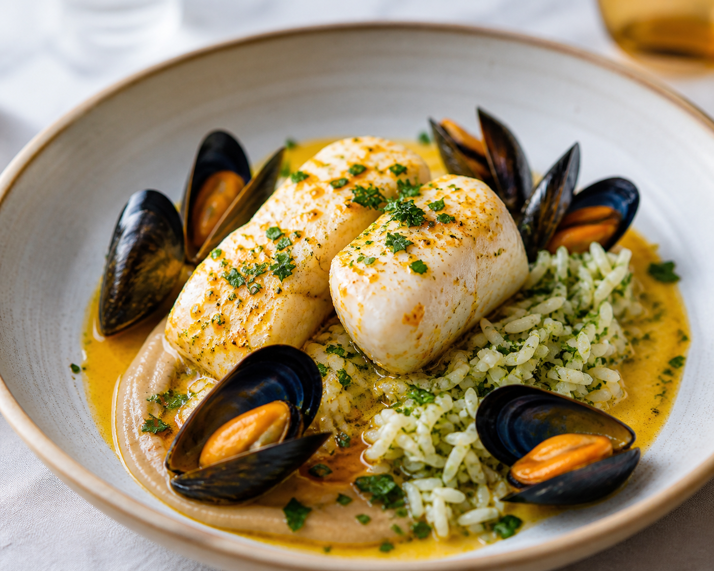 Troncos de merluza y mejillones en salsa de azafrán suave con crema de berenjena ahumada y arroz crujiente de perejil