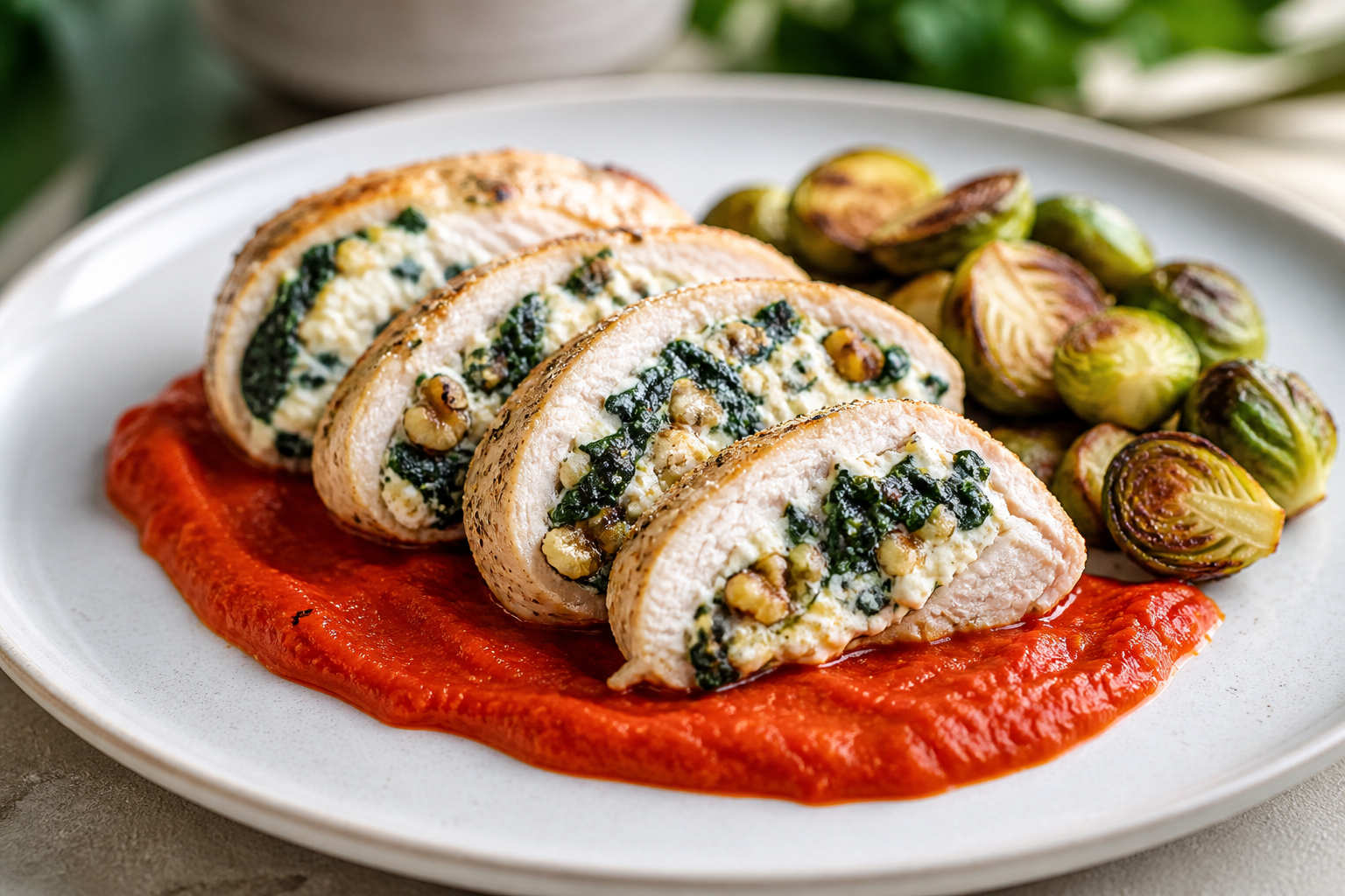 Chicken stuffed with ricotta, spinach, and walnut with warm red pepper sauce and roasted Brussels sprouts