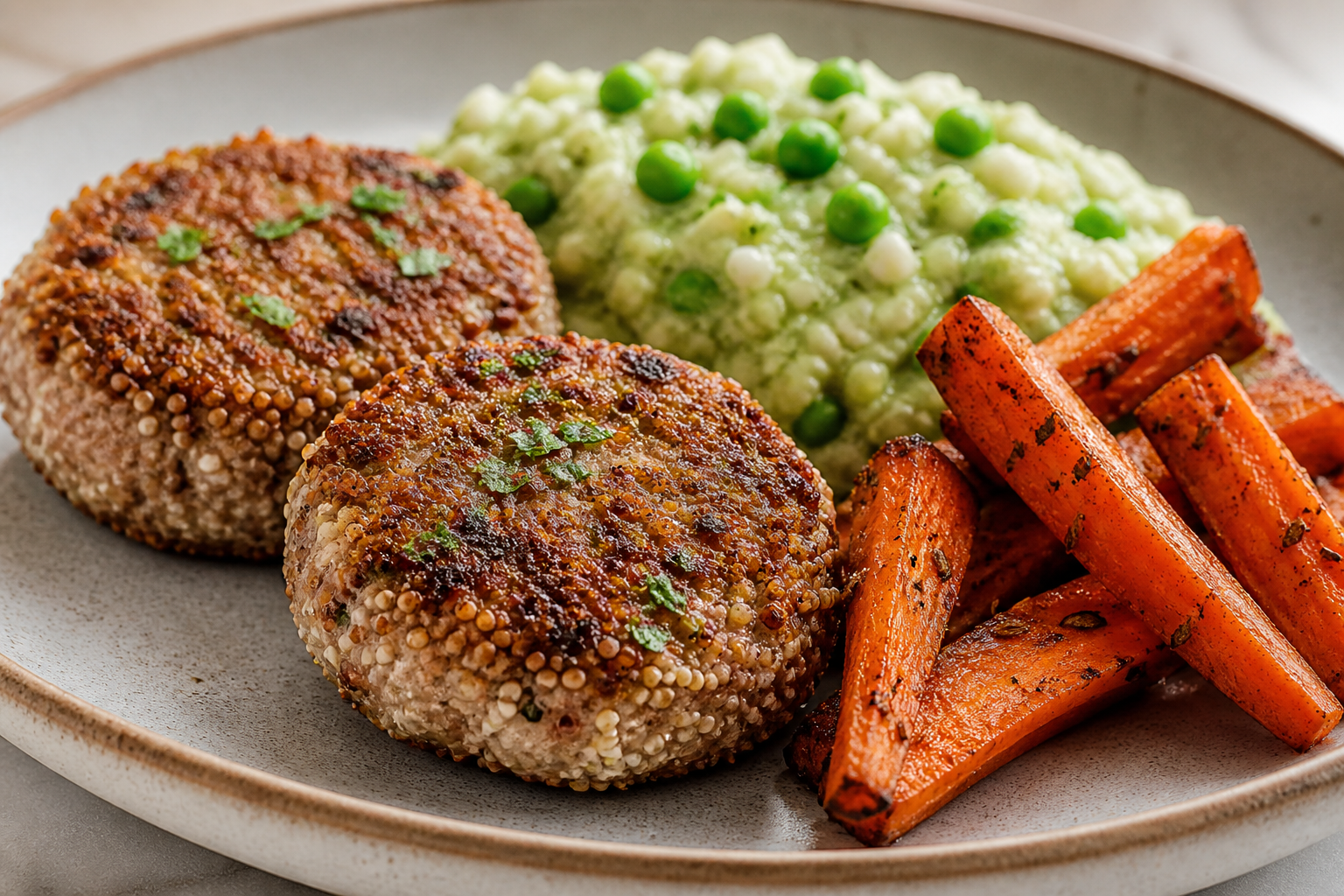 Beef and Cottage Cheese Cakes with Amaranth Crust, Warm Cauliflower-Pea Mash, and Cumin-Roasted Carrots