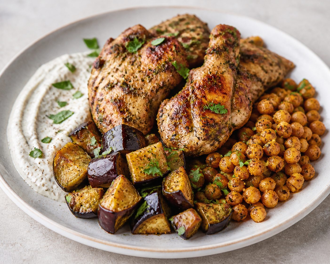 Muslos de pollo al orégano y limón con berenjena asada, garbanzos especiados y crema de yogur con tahini
