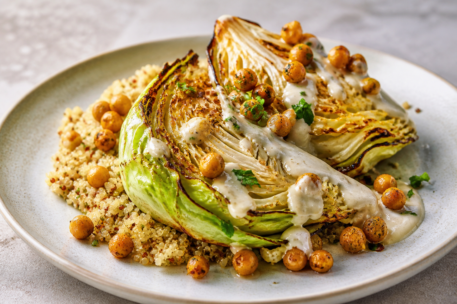 Roasted Cabbage Wedges with Lemon Quinoa, Spiced Chickpeas, and Roasted Garlic Tahini Cream