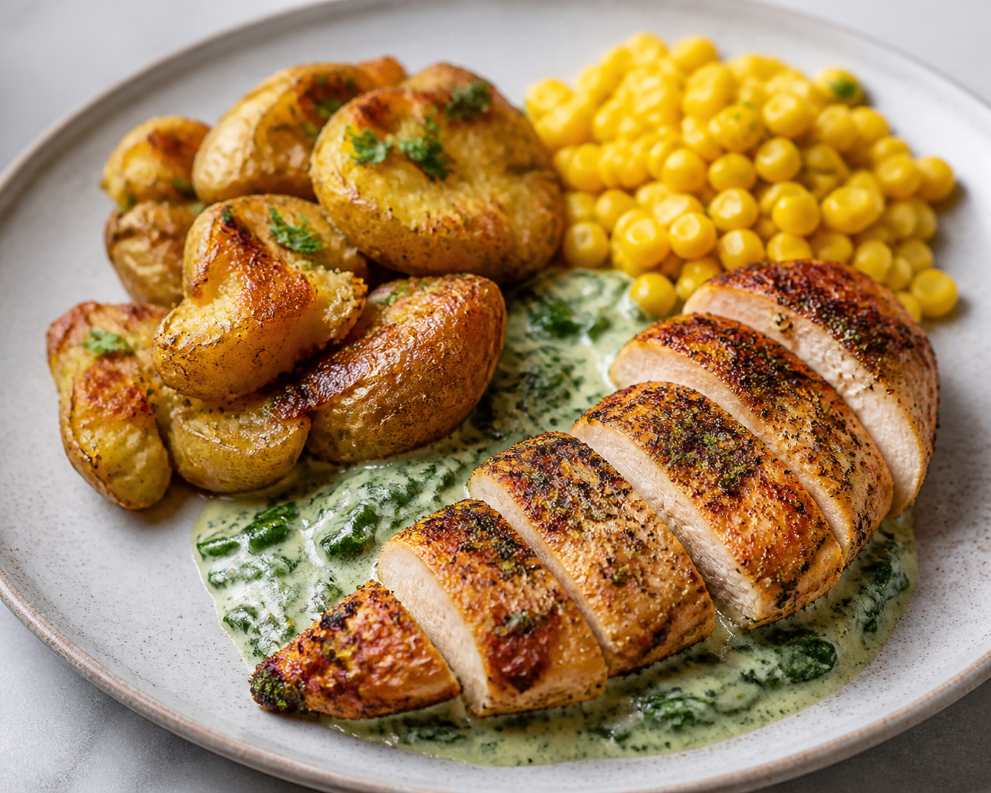 Pastel Familiar de Papas Aplastadas con Pollo al Ajo Dorado, Maíz y Salsa Cremosa de Espinaca