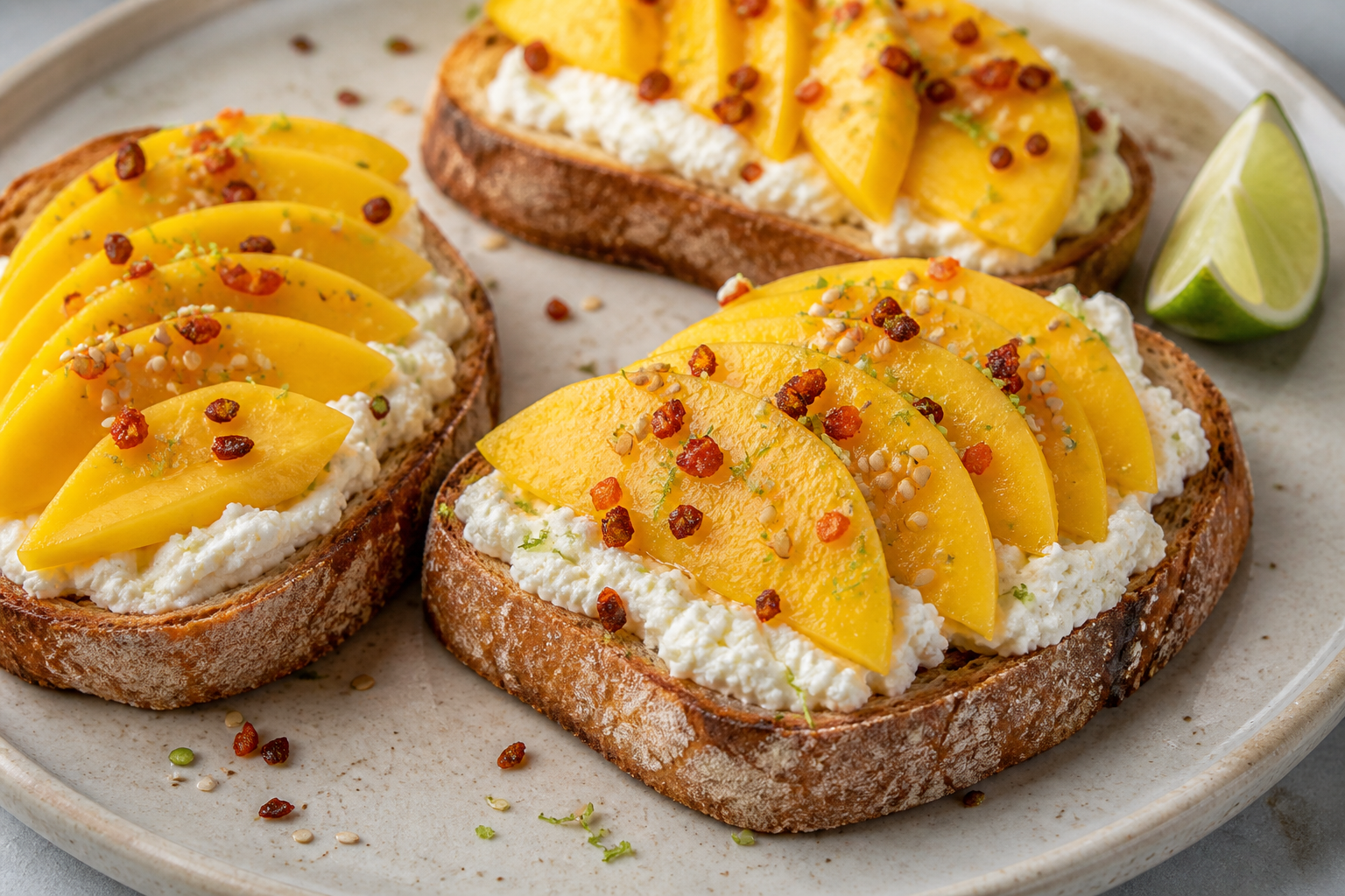 Tostadas exprés de ricotta al limón verde con mango, chile crujiente y semillas de sésamo
