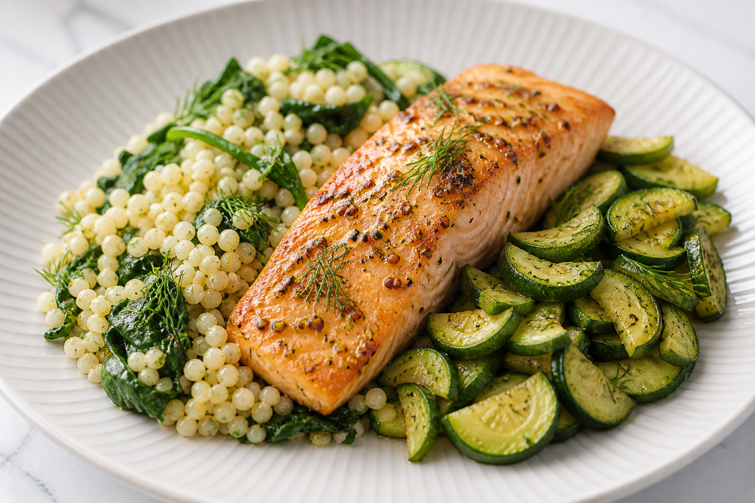 Express Pearl Couscous with Honey Mustard Salmon, Sautéed Zucchini and Lemon Dill