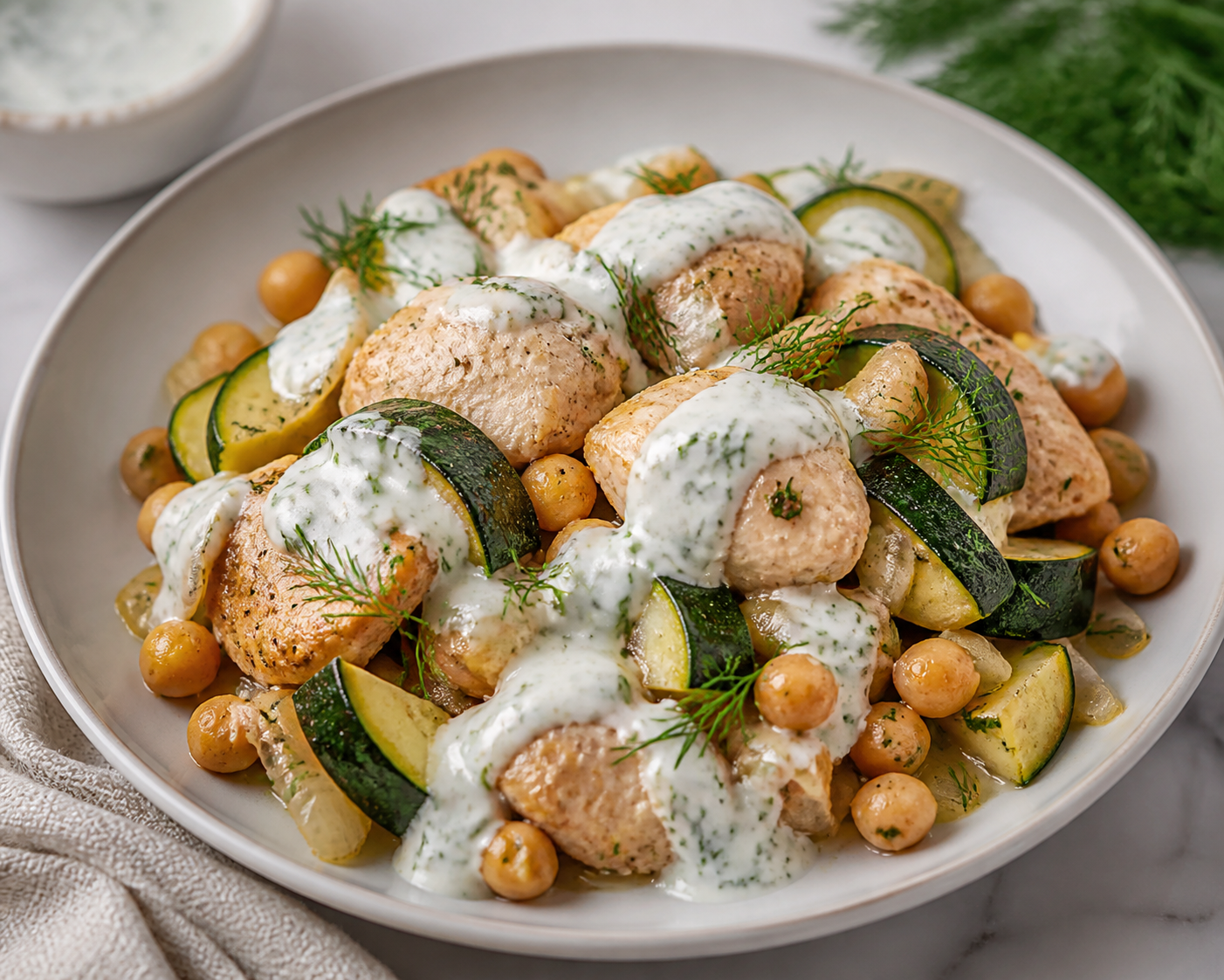 Pavo en slow cooker con calabacín, garbanzos y salsa suave de yogur, limón y eneldo