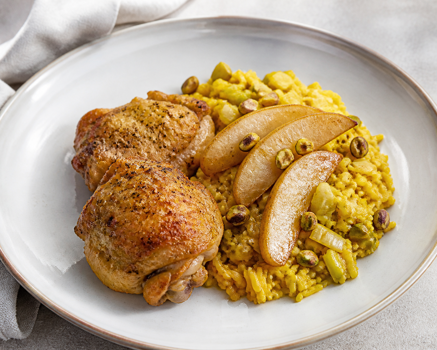 Instant Pot de pollo con pera especiada, puerro tierno y arroz de cúrcuma con pistachos