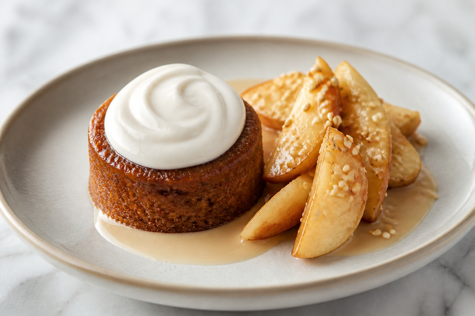 Tortín tibio de dátiles y tahini con manzanas al sésamo y crema ligera de yogur