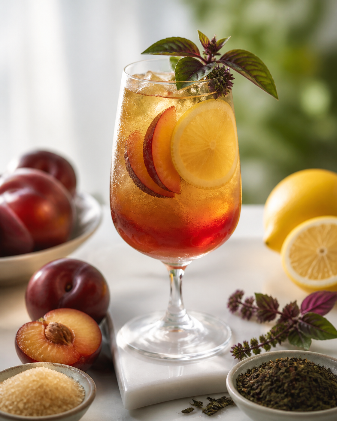 Iced Red Plum, Meyer Lemon and Toasted Green Tea Fizz with Cinnamon Basil