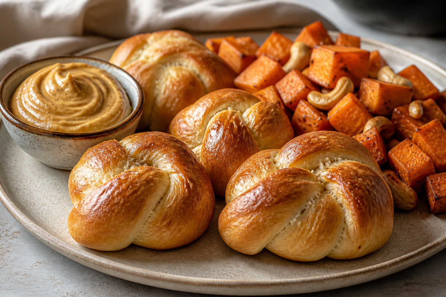 Nudos de Panadería con Mantequilla de Maple Especiado, Camote Asado y Nuez de la India