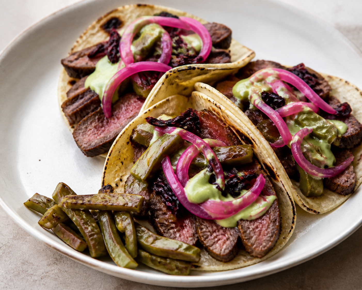Tacos de arrachera al chile pasilla y jamaica con crema de aguacate, cebolla morada encurtida y nopales al comal