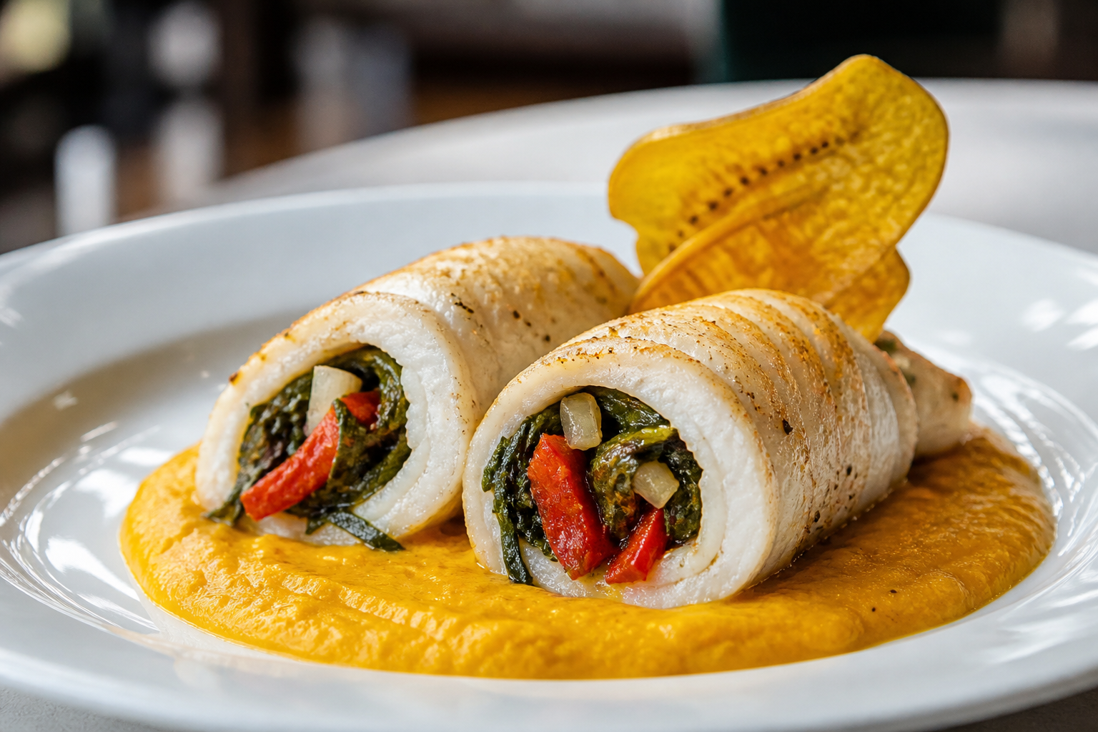 Roulade Caribeña de Pescado con Relleno de Callaloo y Pimiento, Crema de Calabaza al Coco y Crujiente de Plátano Verde