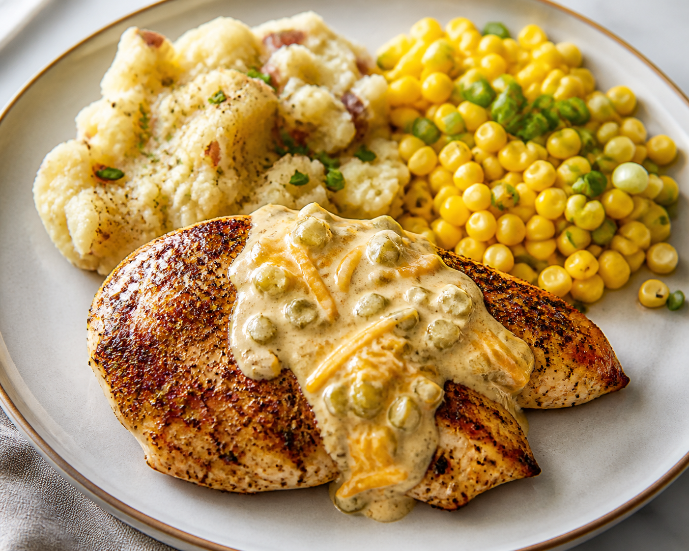 Skillet Chicken with Creamy Cheddar Pickle Sauce, Ranch Smashed Potatoes and Toasted Scallion Corn