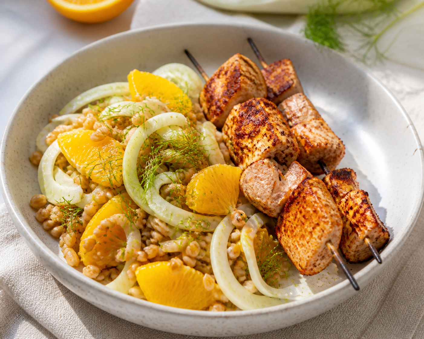 Brochetas Mediterráneas de Pavo al Pimentón con Ensalada Tibia de Farro, Hinojo y Naranja