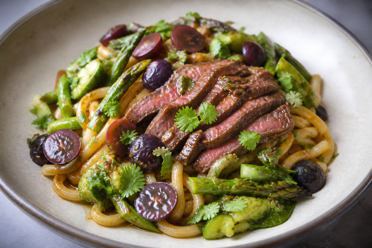 Udon Noodles with Beef in Toasted Miso and Black Grape Glaze, Wok-Seared Asparagus, and Smashed Cucumber with Cilantro