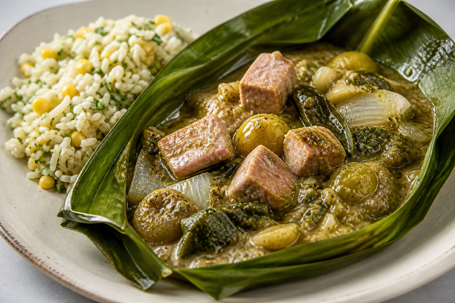 Pork in Roasted Tomatillo Sauce with Banana Leaf and Cilantro Corn Rice