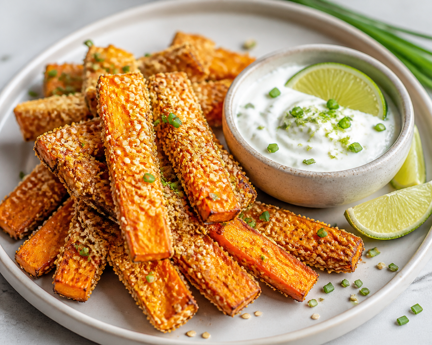 Bastones crujientes de batata, sésamo y queso de cabra con dip de yogur, lima y cebollino