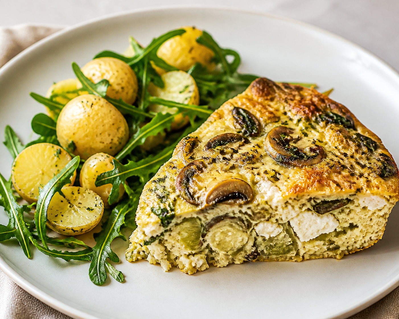 Baked Mushroom, Leek and Ricotta Frittata with Warm Potato and Arugula Salad