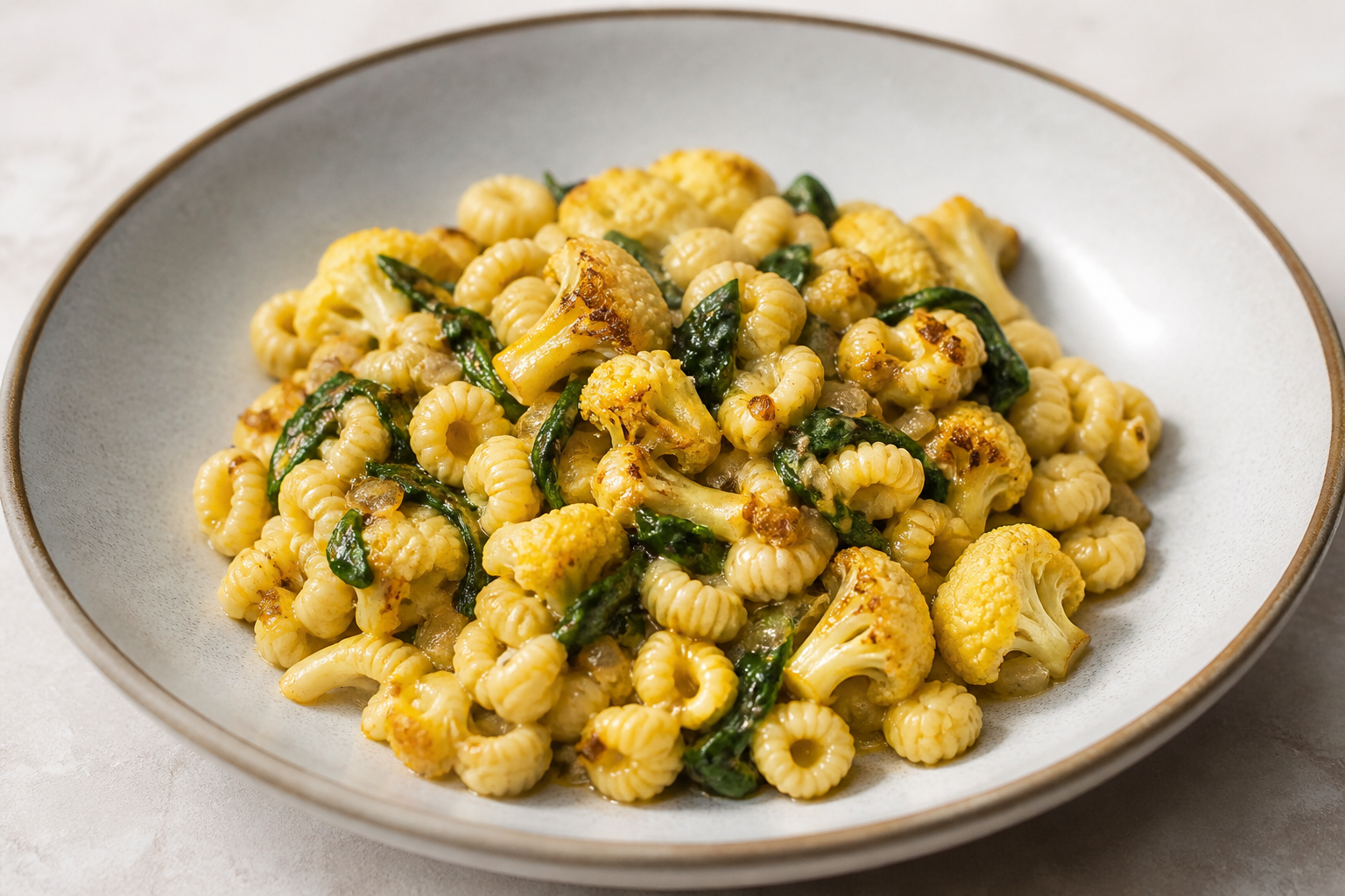 Creamy Torchiette with Golden Cauliflower, Mild Saffron and Almond Butter with Sautéed Spinach