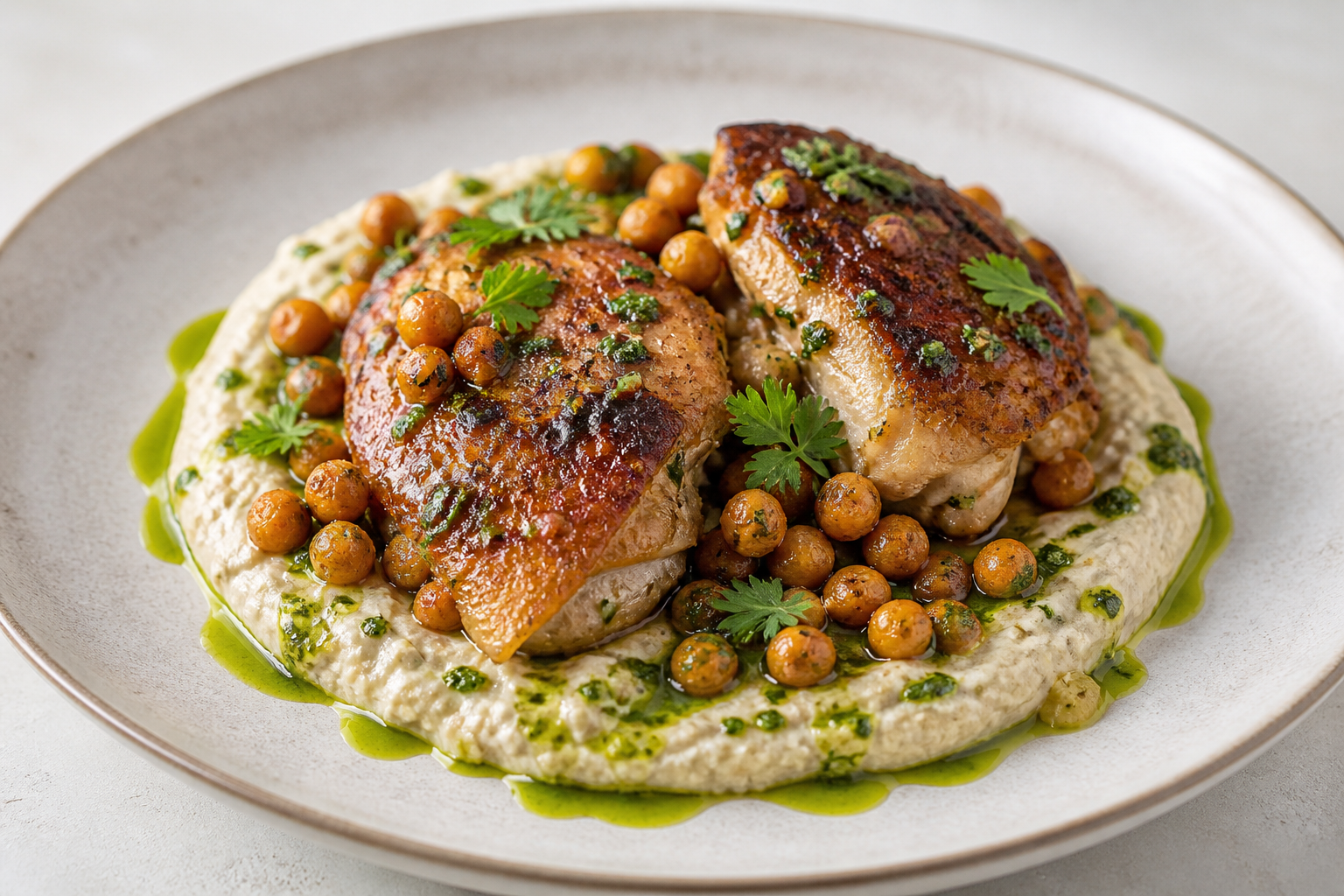 Roasted Chicken with Smoky Eggplant Cream, Crispy Chickpeas, and Fresh Herb Oil