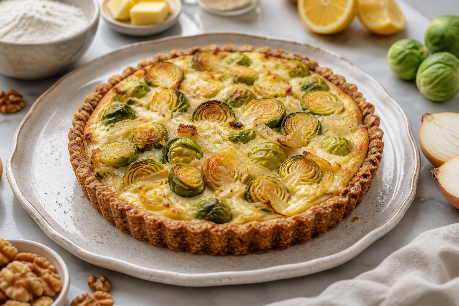 Rustic Brussels Sprout, Sweet Onion and Lemon Ricotta Tart with Walnut Crust