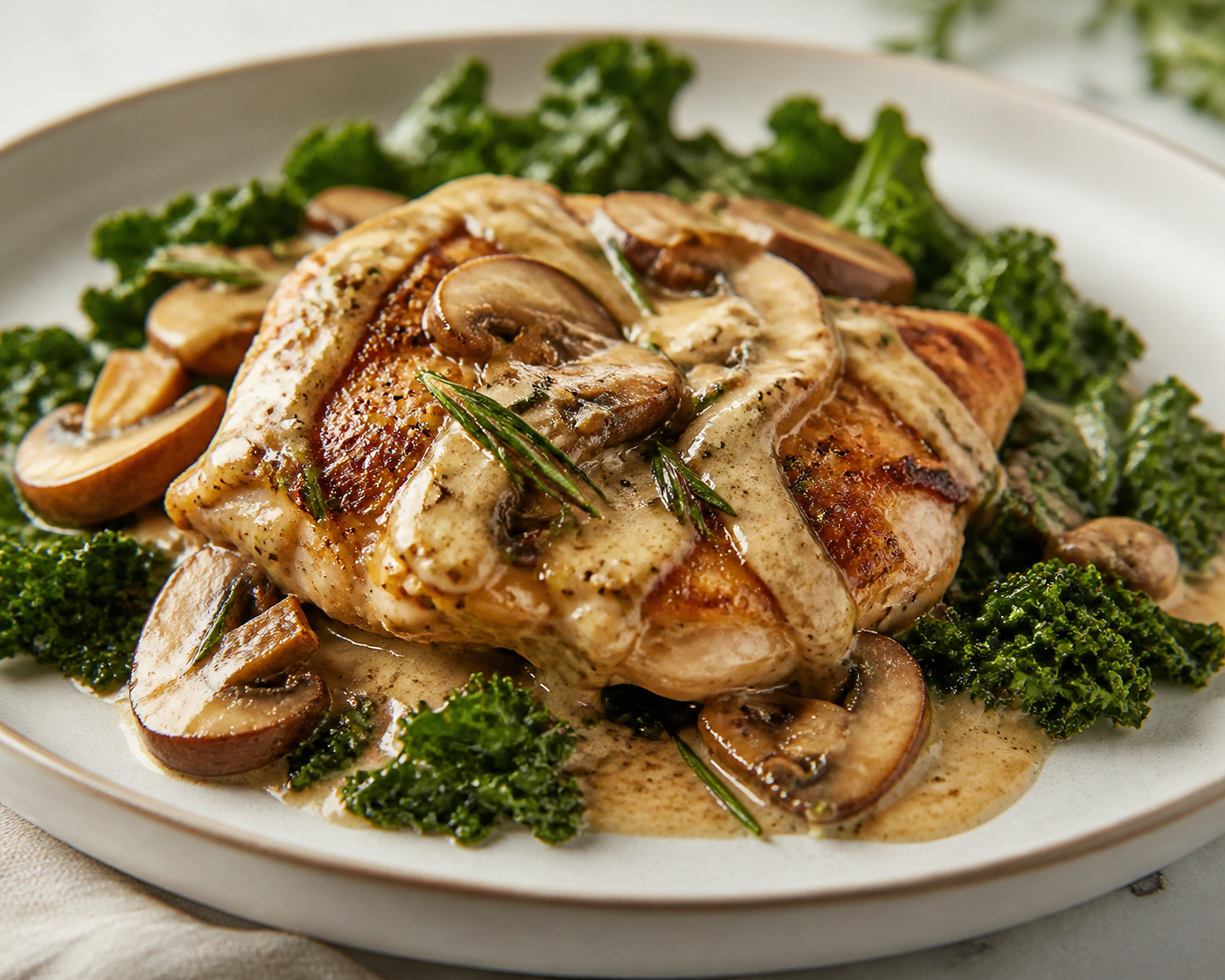 Sartén Keto de Pollo con Crema de Brie, Champiñones al Romero y Col Rizada Crujiente