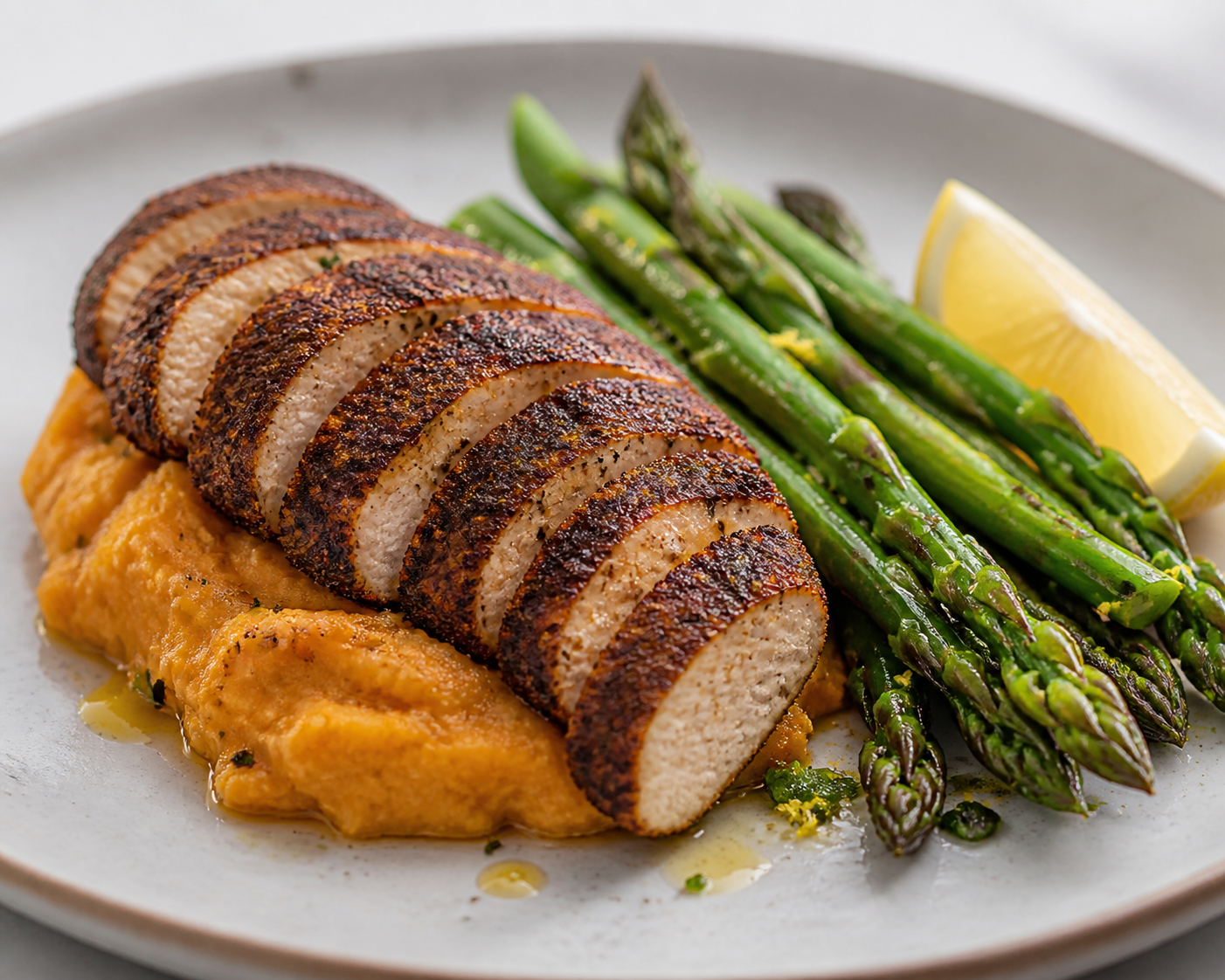 Mild Chili-Cacao Crusted Chicken with Roasted Rutabaga Mash and Lemon Asparagus