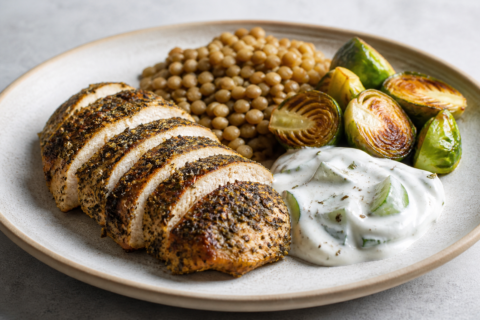 Pollo al zaatar con crema de yogur y pepino, lentejas doradas y coles de Bruselas al limón