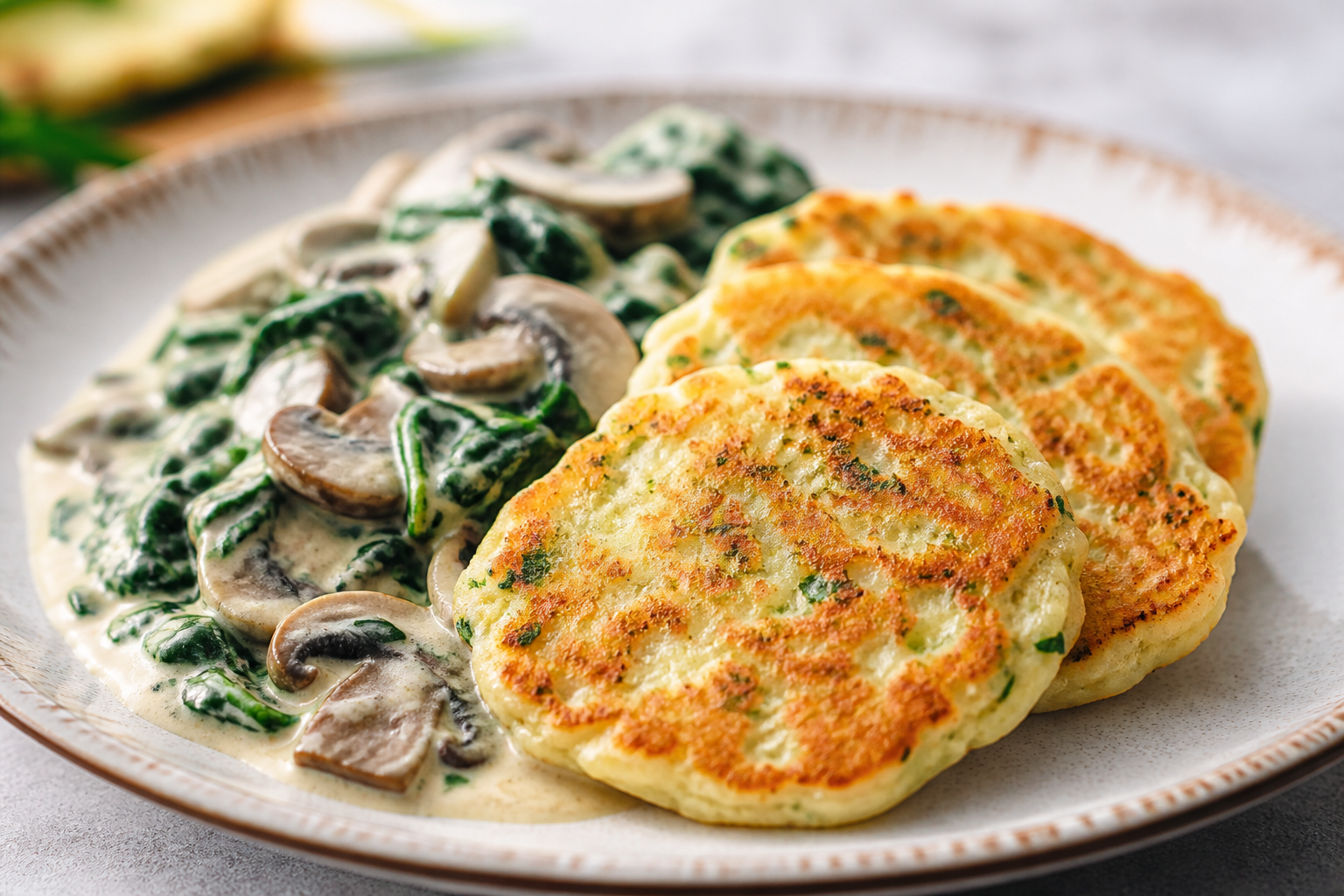 Panqueques de ricotta y cebollín con ragú cremoso de champiñones y espinaca