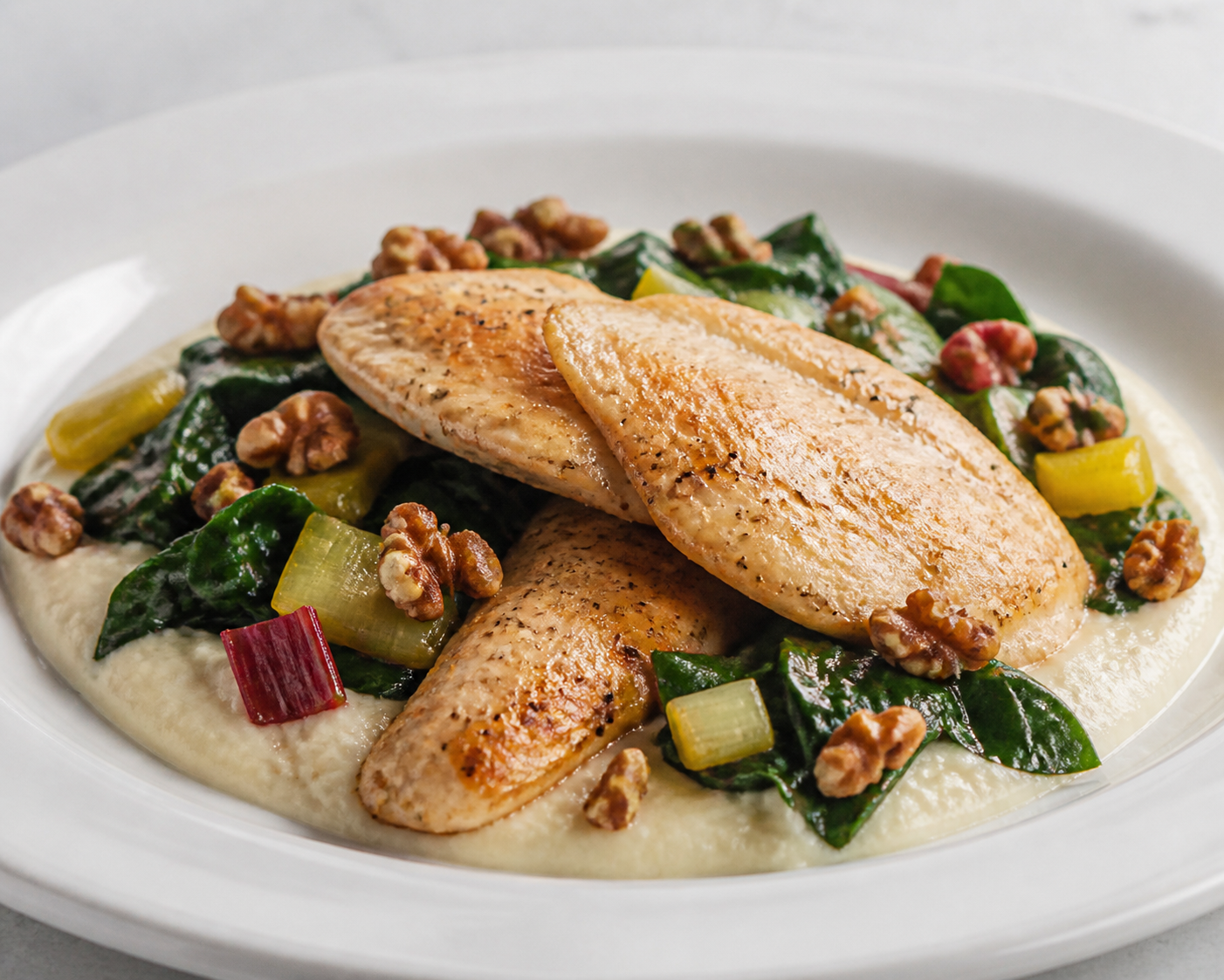 Bay Turkey Breast with Cauliflower-Leek Cream, Sautéed Swiss Chard and Toasted Walnut