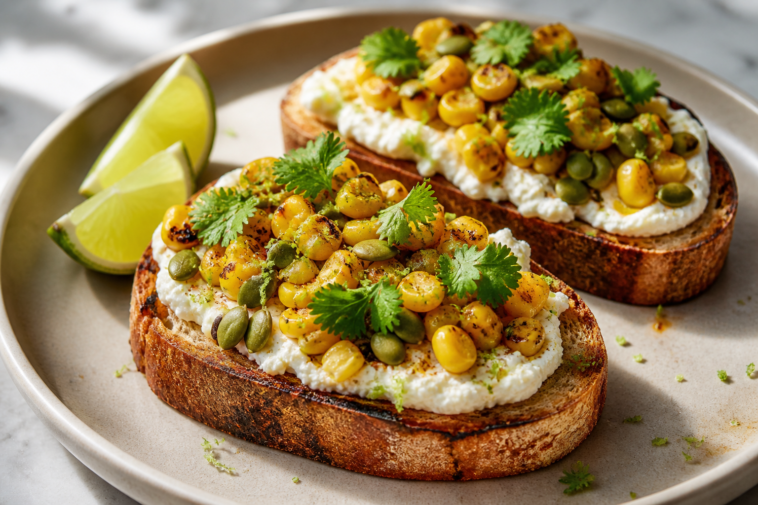 Quick whipped ricotta toasts with charred corn, lime, cilantro, and spicy pepitas