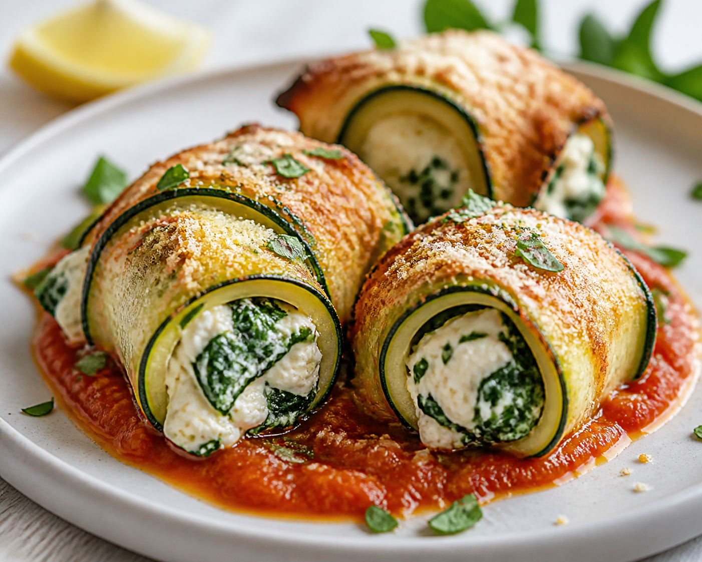 Rollos crujientes de lasaña de calabacín en Air Fryer con ricotta al limón y salsa rústica de tomate