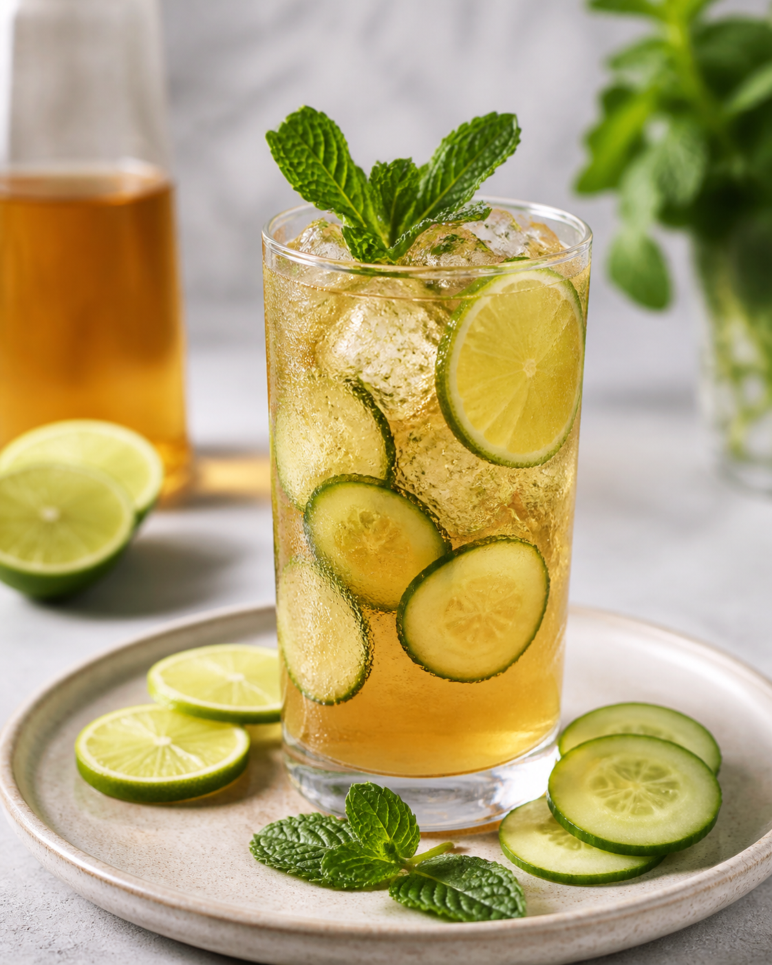 Soda helada de pepino, lima y té de jazmín con menta y sal negra