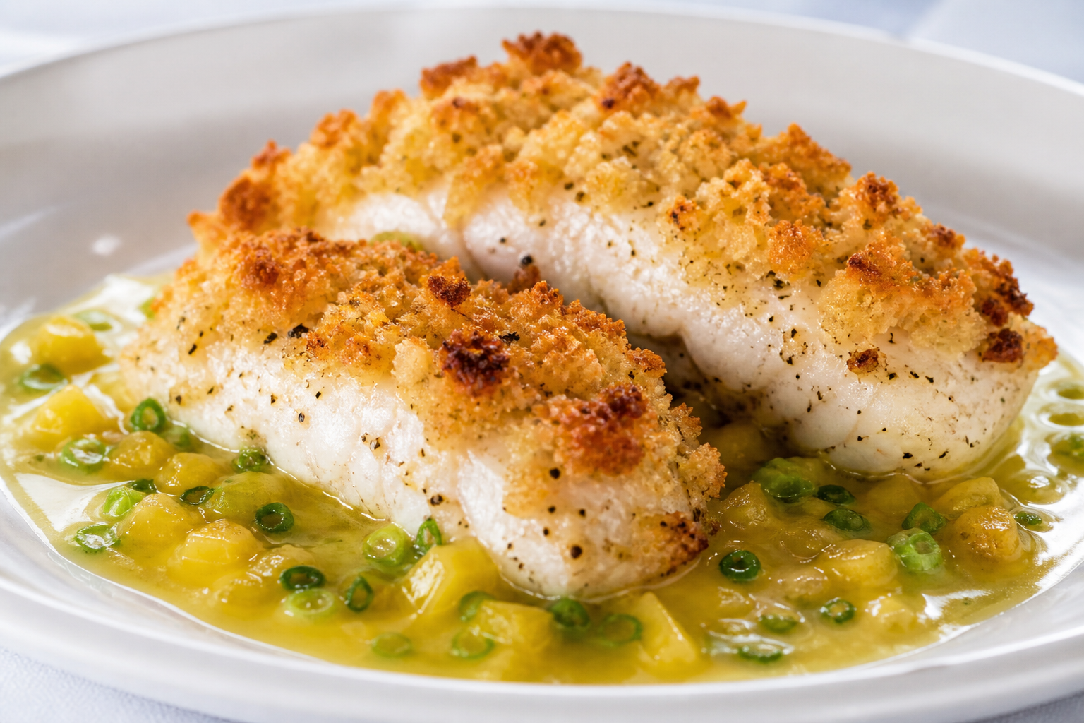 Caribbean Roasted Grouper with Coconut Bread Crust and Warm Lime-Scallion-Pineapple Mojo