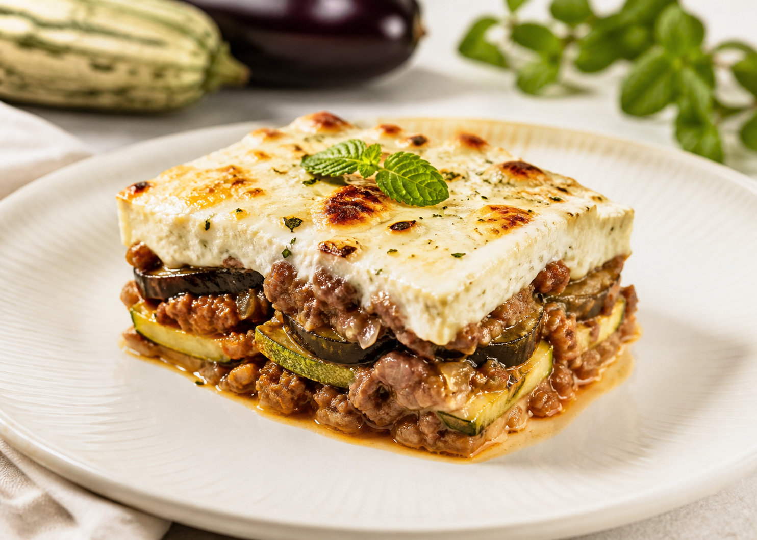 Light Zucchini and Lamb Moussaka with Yogurt Mint Bechamel