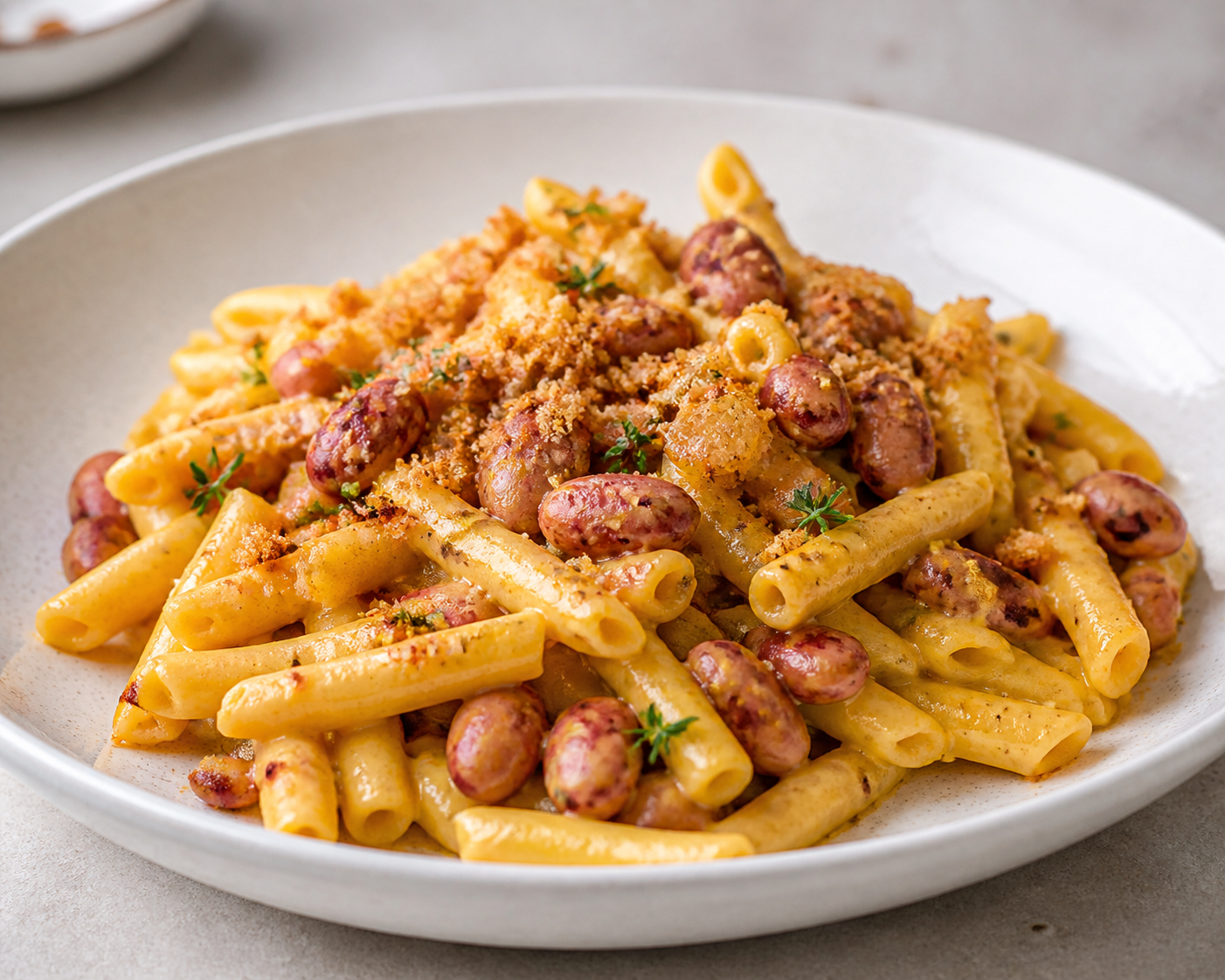 Creamy Casarecce with Roasted Onion, Saffron, Borlotti Beans, and Crispy Parmesan Thyme Crumbs