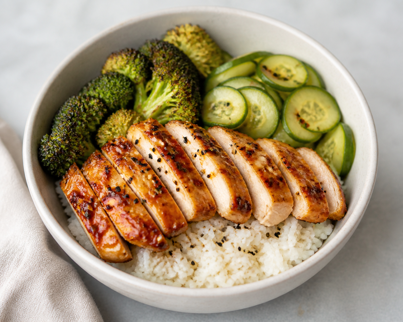 Warm Citrus Miso Chicken Bowl with Sesame Rice, Roasted Broccoli, and Quick Pickled Cucumber