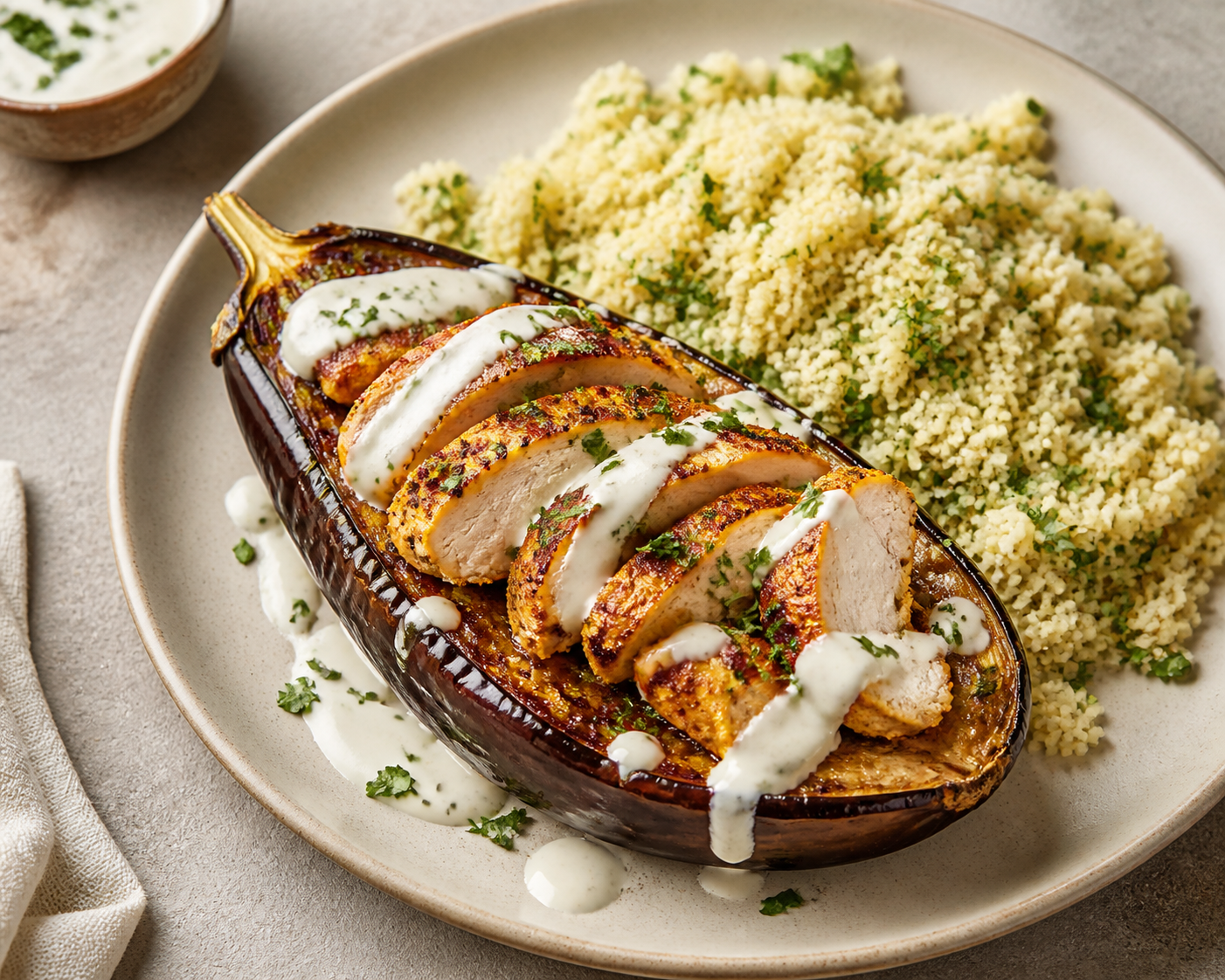 Roasted Eggplant with Spiced Chicken, Tahini Yogurt Sauce and Herbed Couscous