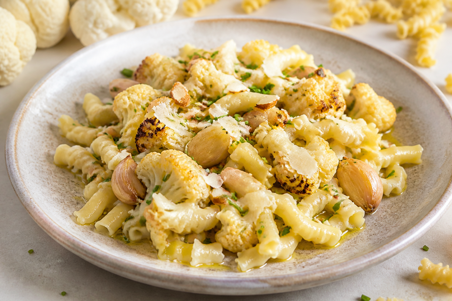 Campanelle cremosas de coliflor ahumada, ajo confitado y manchego con almendra tostada y cebollino