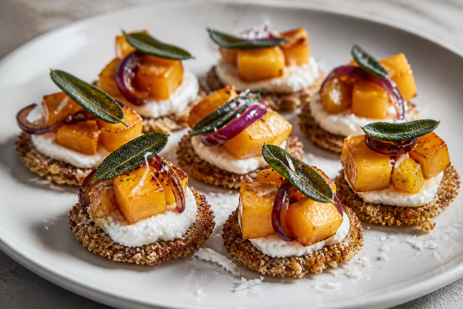Bocados de calabaza asada sobre crujientes de quinoa con crema de cabra, cebolla morada al arce y salvia tostada