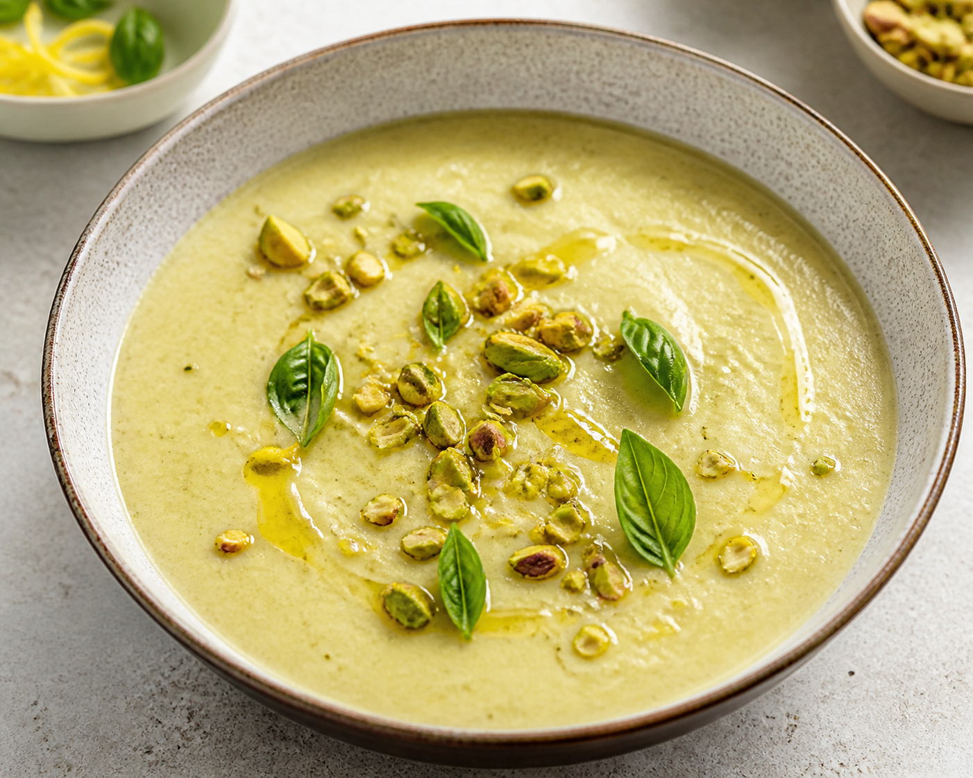 Creamy Roasted Zucchini, Fennel and White Bean Soup with Pistachio, Basil and Lemon
