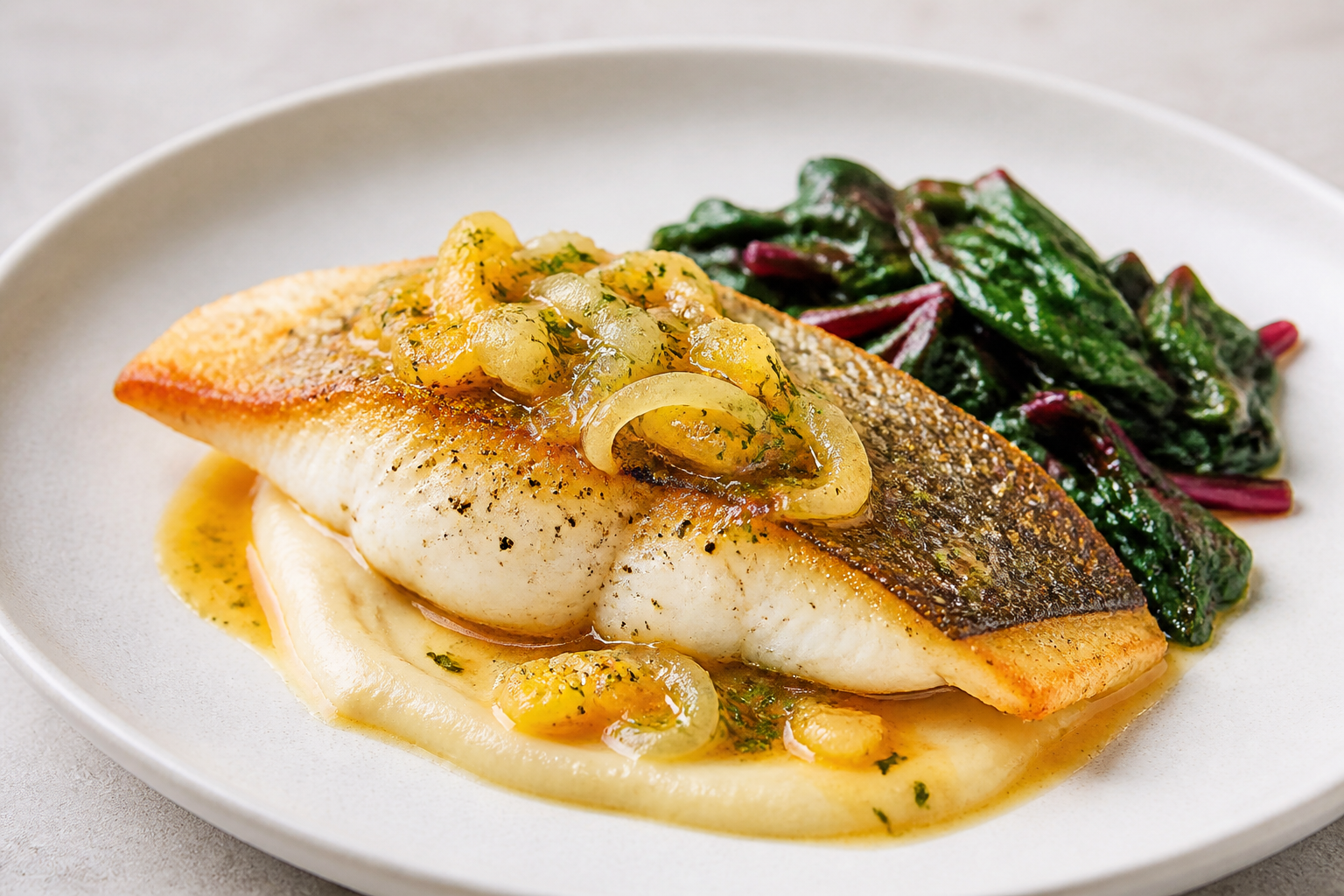 Pescado dorado con vinagreta tibia de hinojo y naranja, crema rústica de alubia blanca y acelgas salteadas