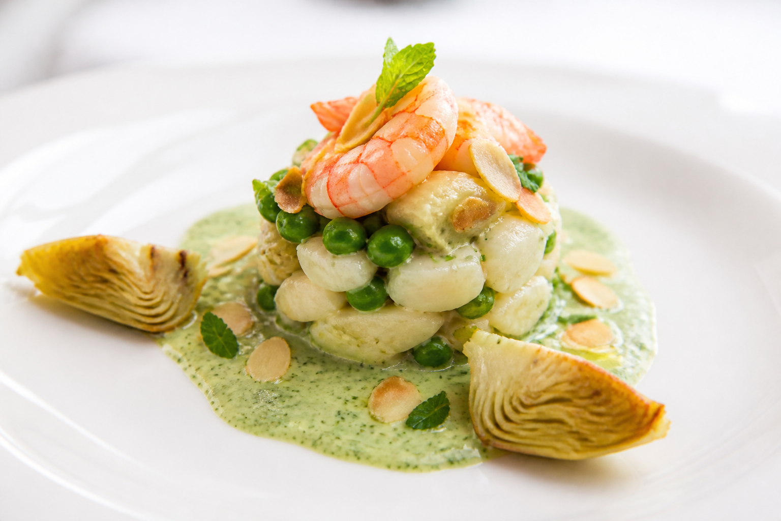 Timbal tibio de bacalao y gambones con crema de guisantes y menta, alcachofas doradas y aceite de almendra tostada