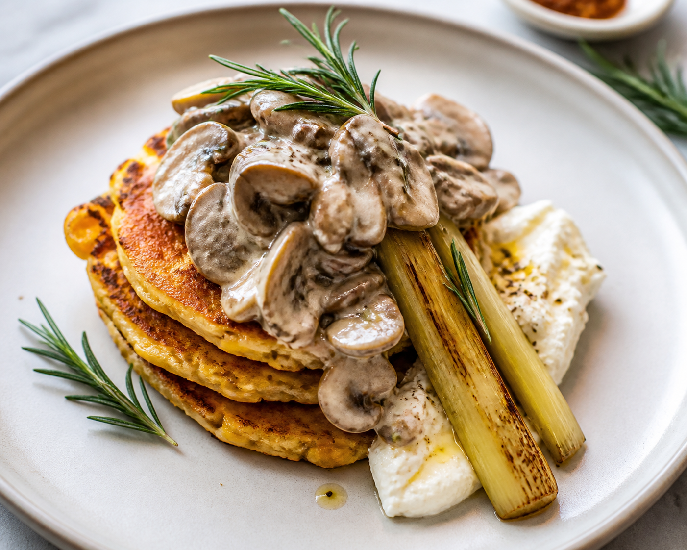 Panquecas saladas de maíz y romero con ragú cremoso de setas, puerro asado y feta batida