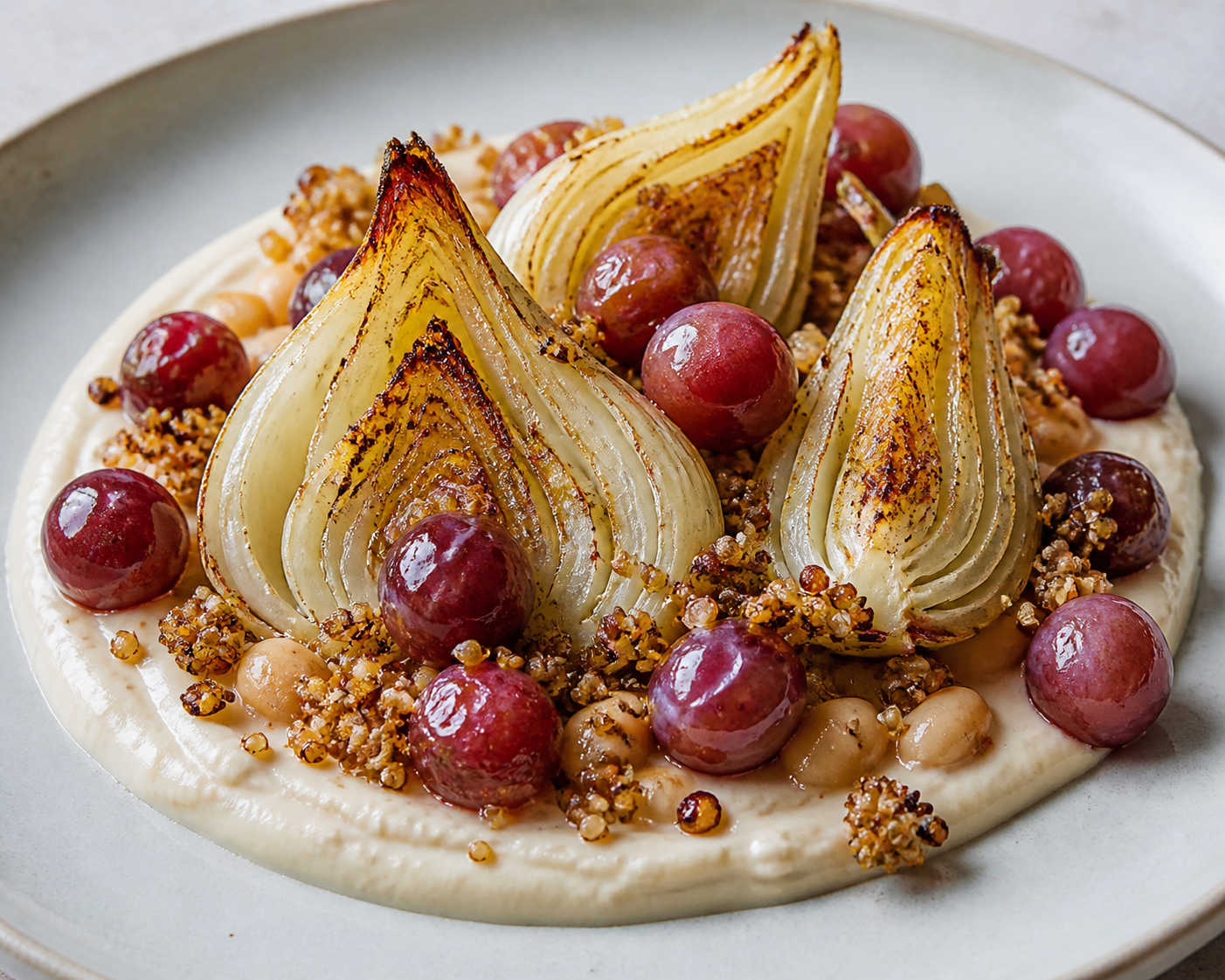 Hinojos asados sobre crema de judías blancas al limón con quinoa crujiente y uvas tibias al romero