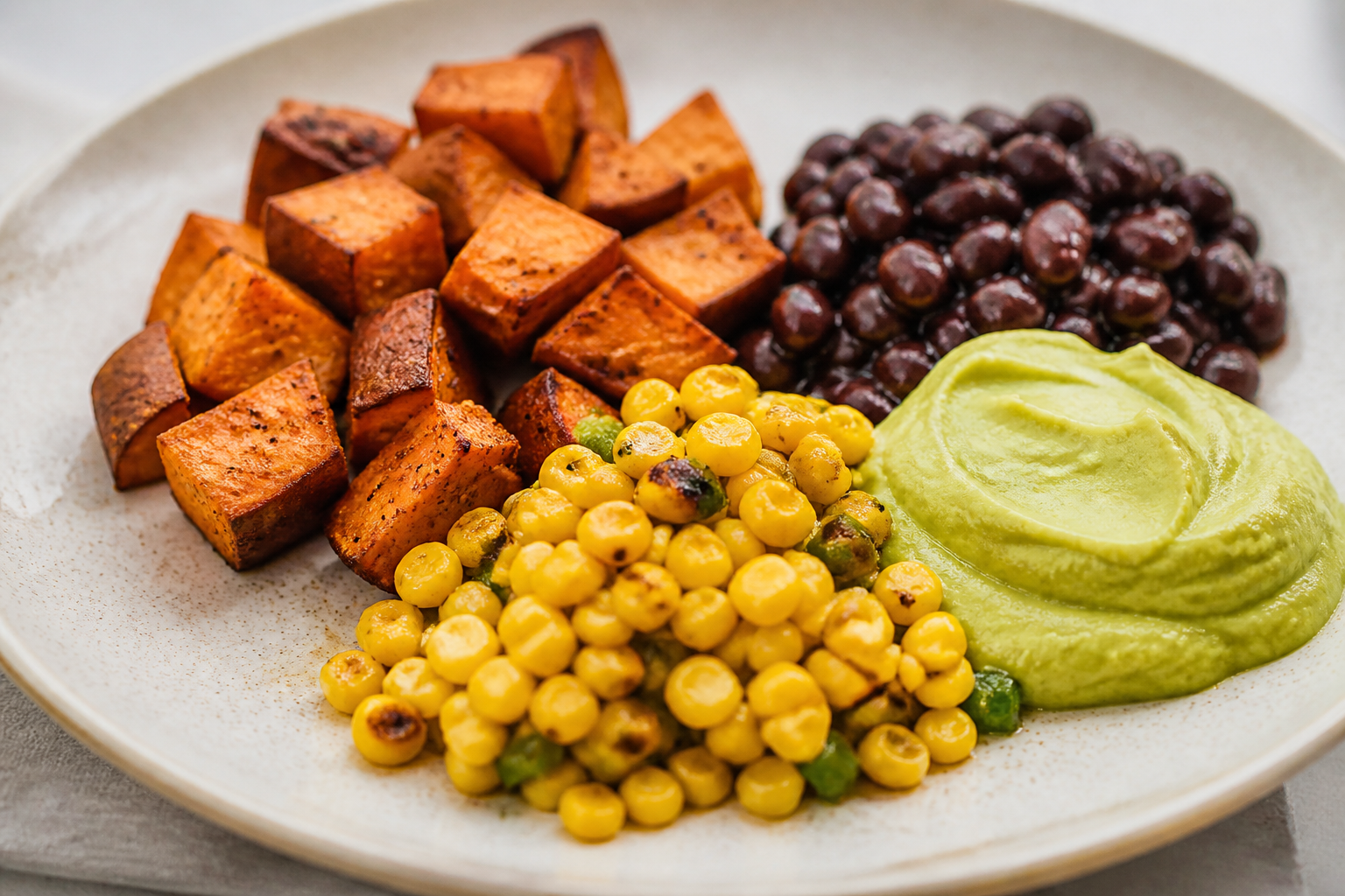 Roasted Sweet Potato with Mild Cocoa Black Beans, Warm Corn-Lime Salad, and Avocado Cream