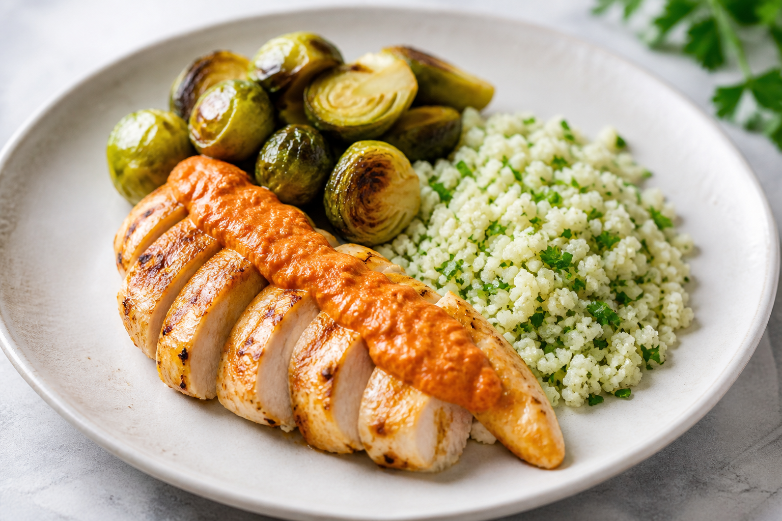 Pollo al romesco ligero con coles de Bruselas doradas y arroz de coliflor al perejil