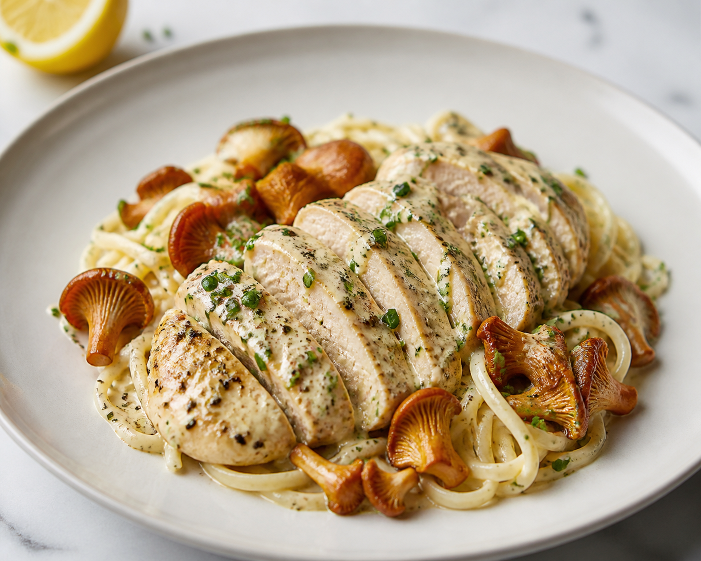 Chicken in Creamy Lemon-Chive Sauce with Hearts of Palm Noodles and Golden Mushrooms