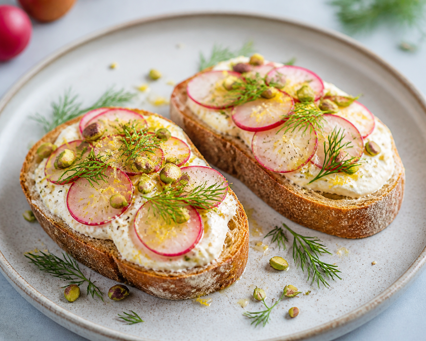 Tostadas exprés de queso crema al limón con rábanos, eneldo y pistachos picantes