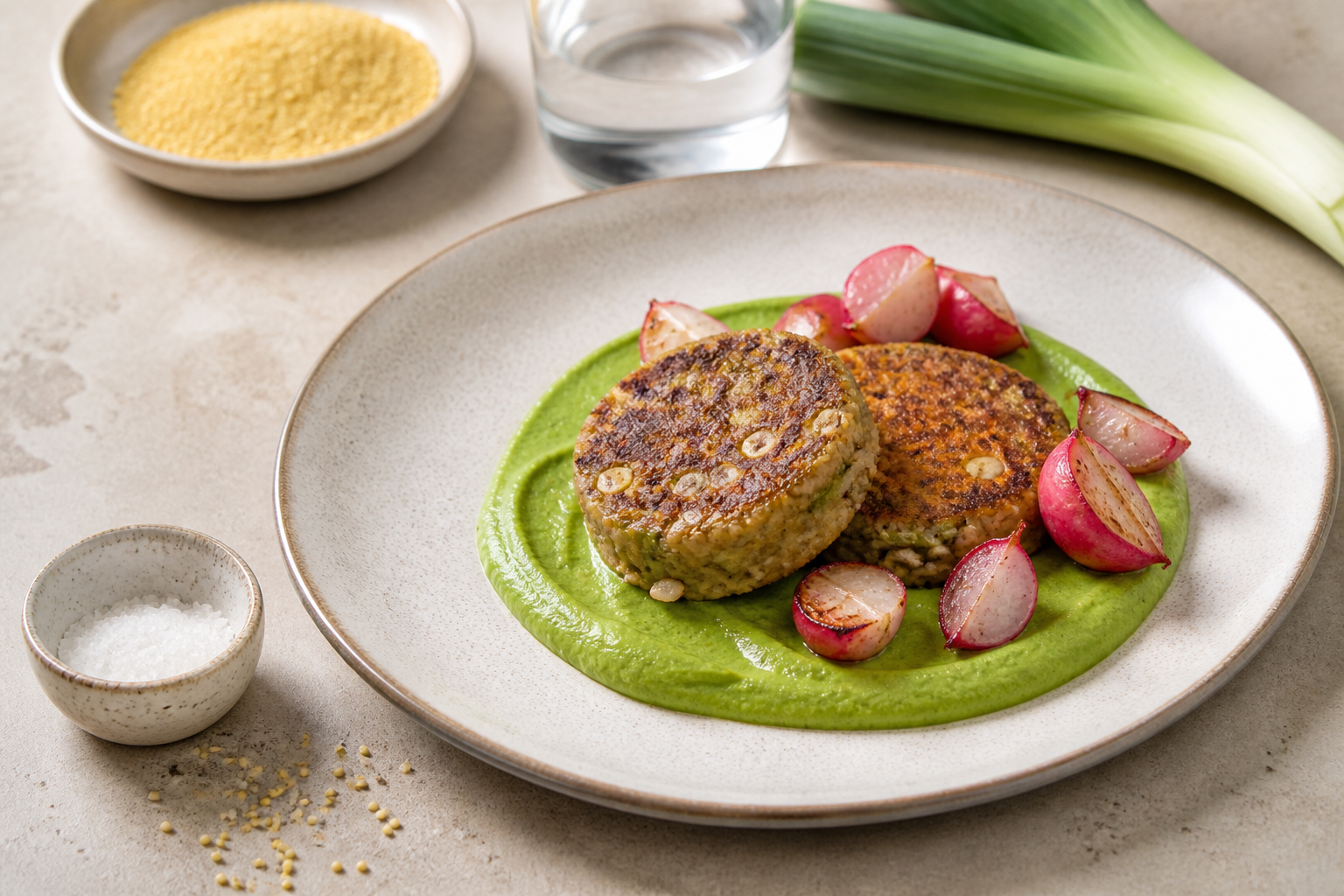 Millet and Leek Cakes with Warm Minted Pea Cream and Roasted Radishes