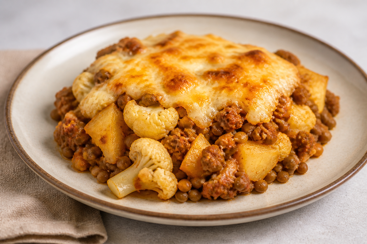 Family Lentil Bake with Paprika Turkey, Roasted Cauliflower and Cheesy Yuca Topping